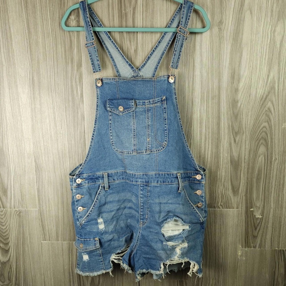 No Boundaries Womens Distressed Denim Shortalls Medium Wash Blue XXL 19